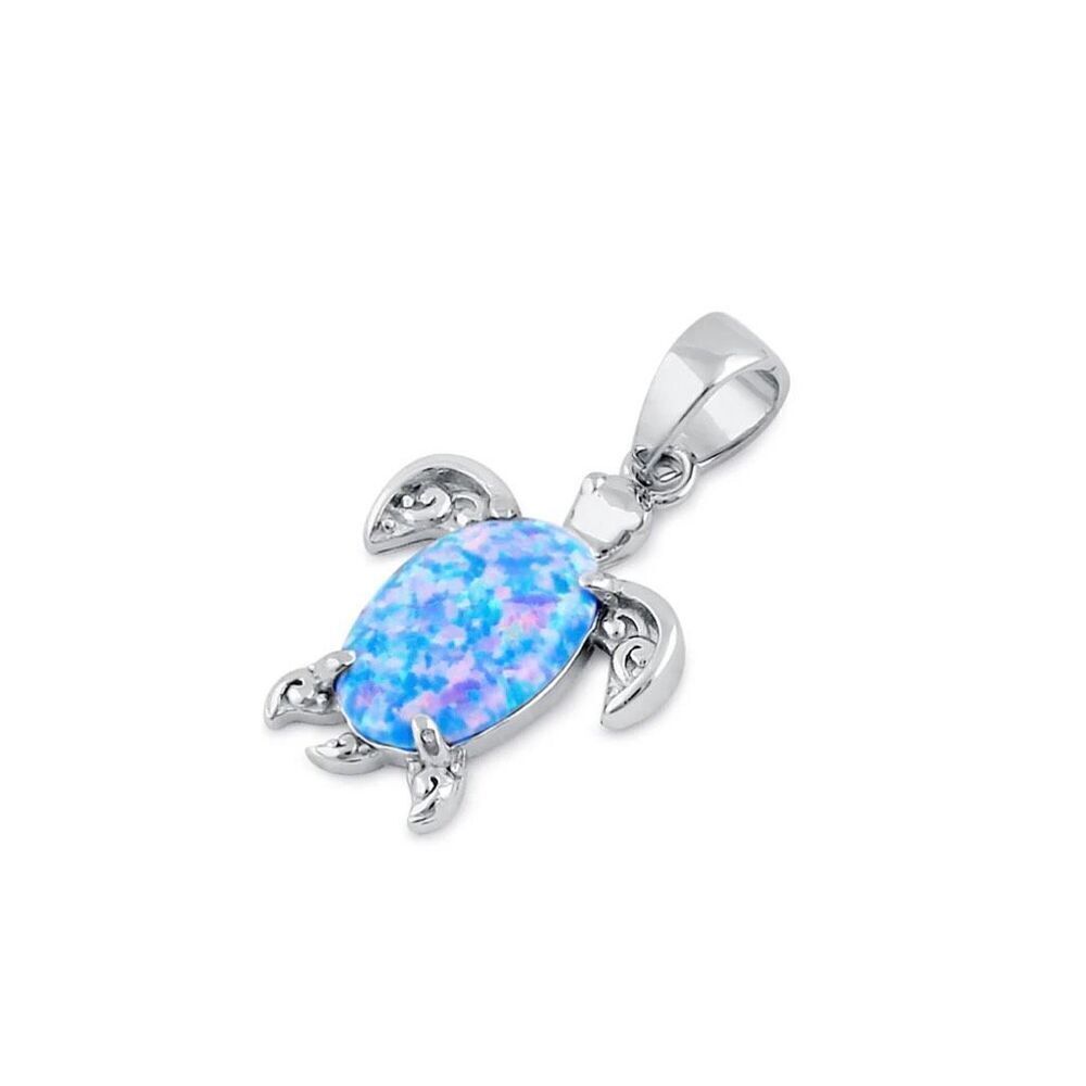 Sterling Silver Blue Lavender Lab Opal Filigree Sea Turtle Pendant 16” Necklace